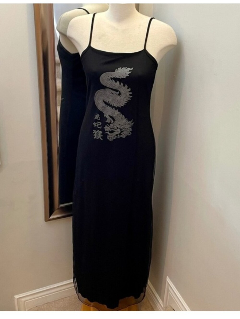 Vintage 90's 2000's Silver Dragon Mesh Overlay Maxi Dress